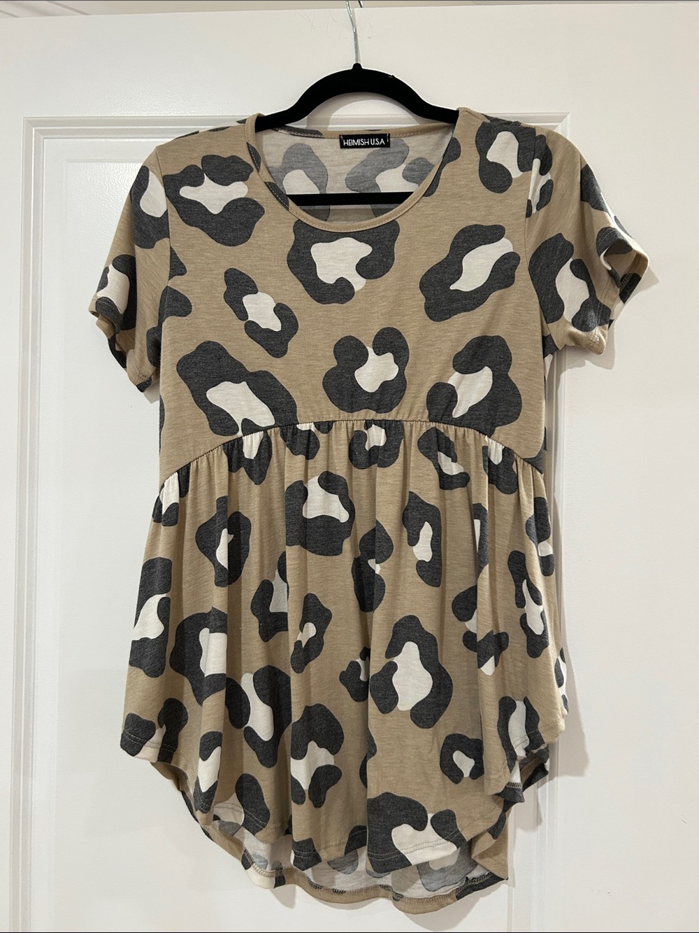 Tan Leopard Print Short Sleeve Babydoll Top
